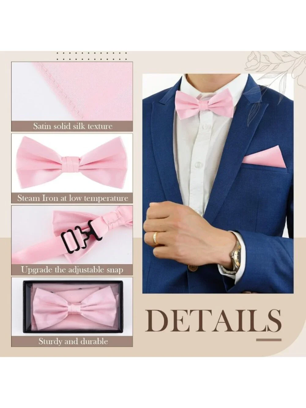 Elegant Pink Bow Tie & Pocket Square Set for Men - Pre-Tied, Gift Boxed, Wedding